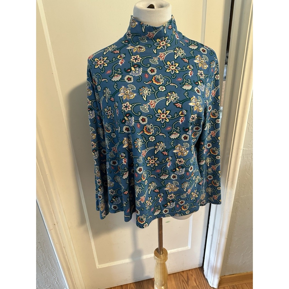 Norm Thompson Silk Cotton Blend Slinky Asian Inspired Printed Long Sleeve Top L